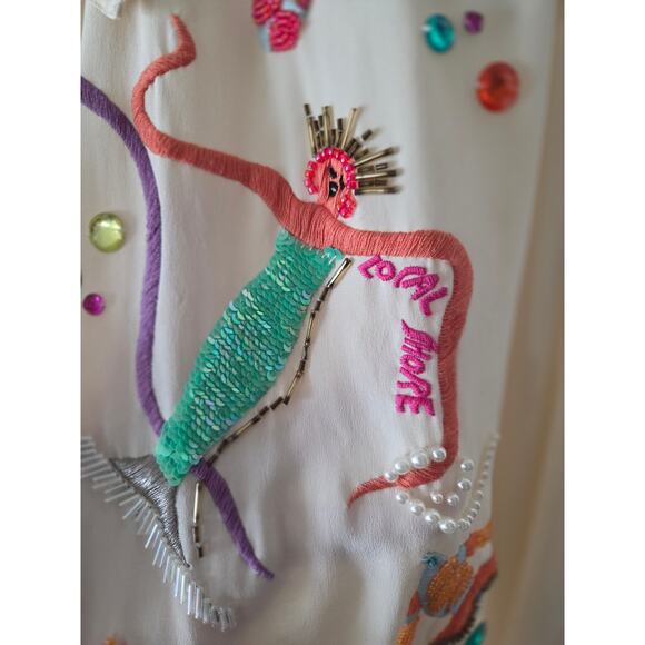 Havana By Hero Group Sz 12 Beaded Embroidered Mermaid Silk Sea Button Up - Picture 9 of 12